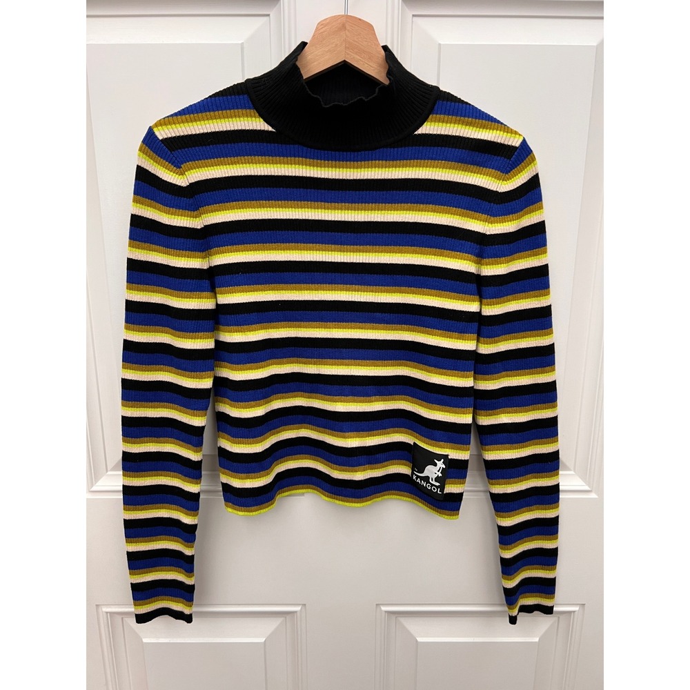 Kangol x HM Striped Mock Neck Ribbed Knit Sweater Blue Green Black Logo Patch